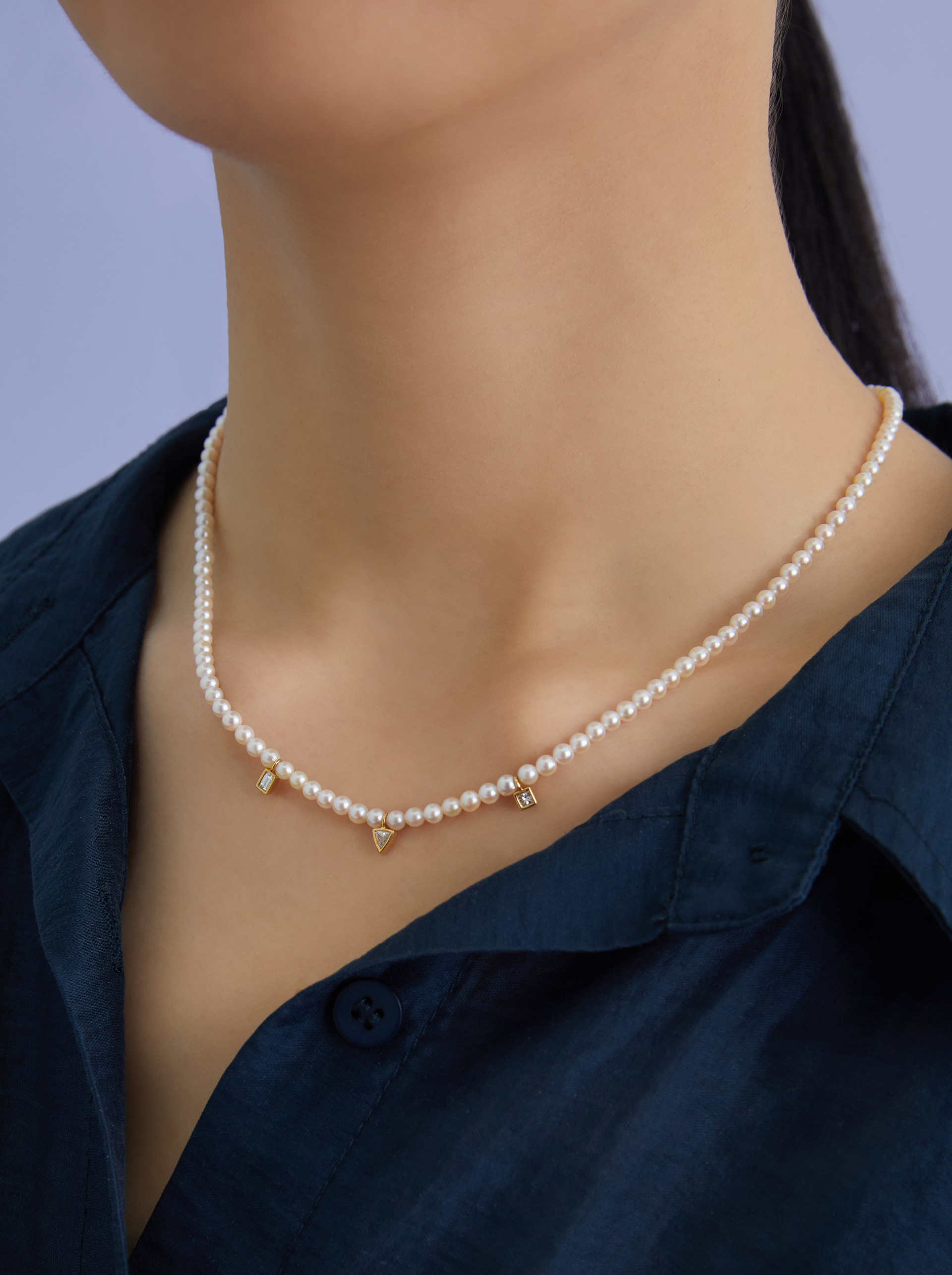 AKOYA 幾何包鑲小鑽珍珠項鏈